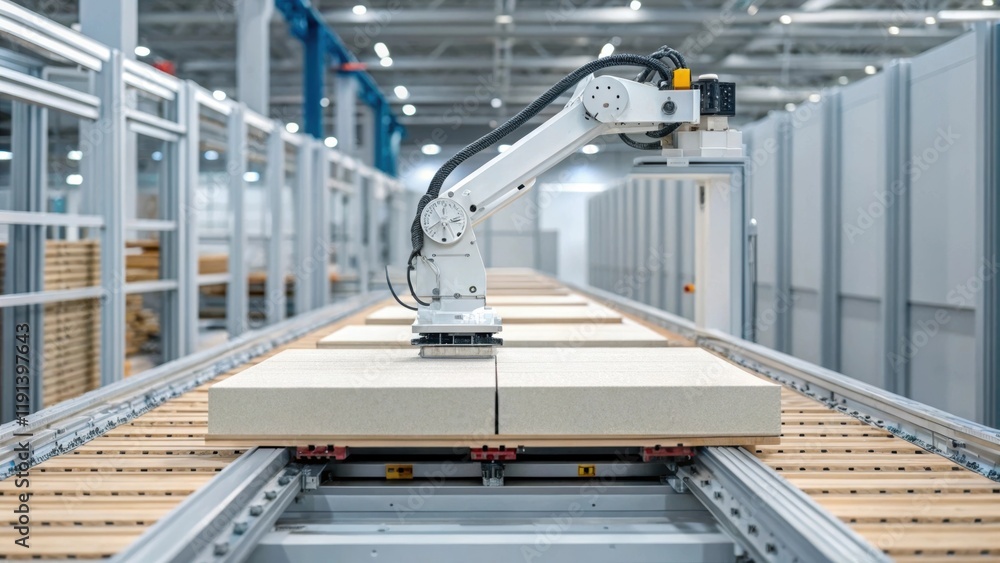 Poster An image focusing on a robotic arm in an automated assembly line meticulously placing insulation panels onto a framework highlighting the seamless integration of technology in the