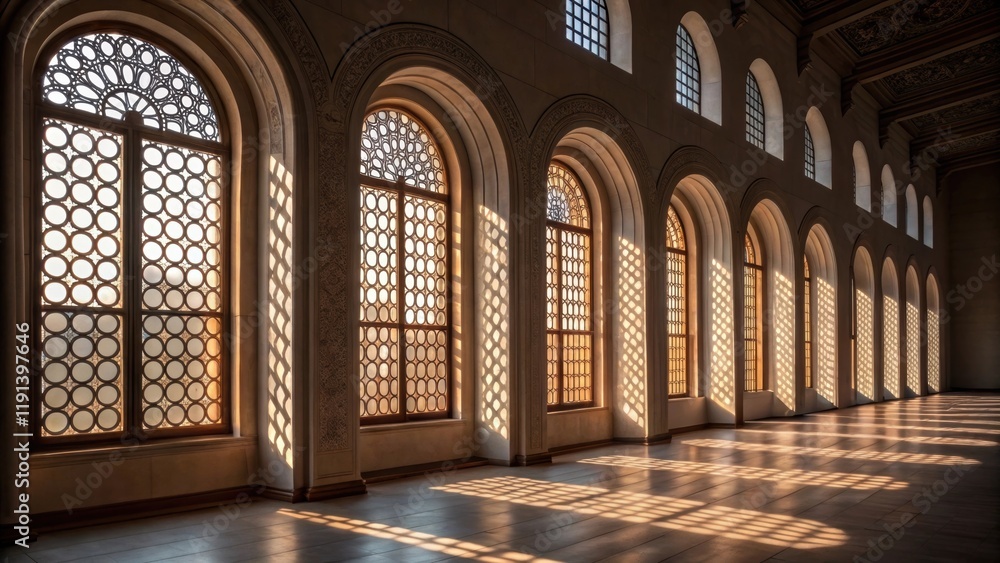 Leinwandbilder An image focused on the repetitive arched windows of a building capturing the way sunlight filters through creating a mesmerizing play of light and shadow that enhances the