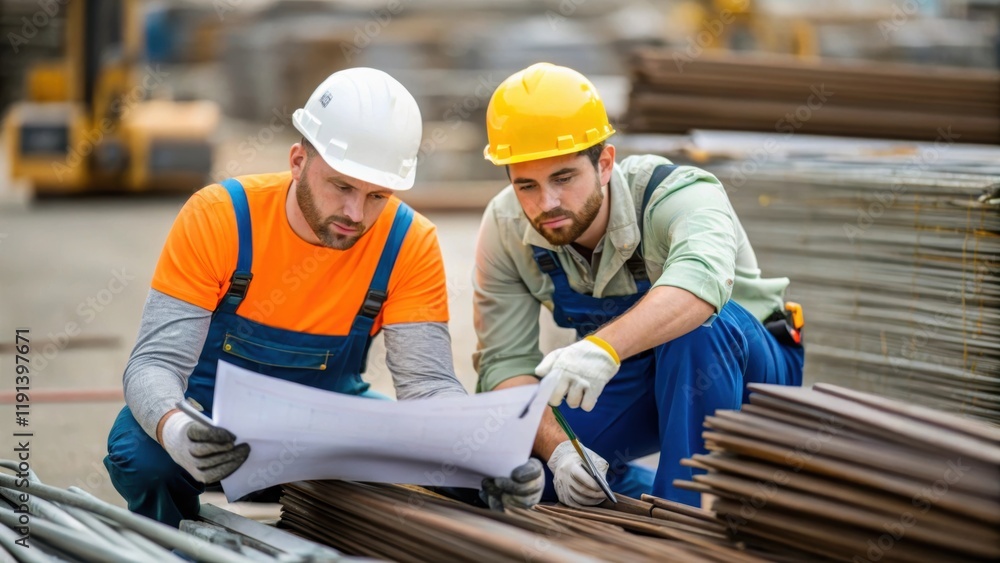 Poster An image showing two workers collaborating over a pile of materials examining and organizing tools together emphasizing the importance of cooperation and efficiency on the job