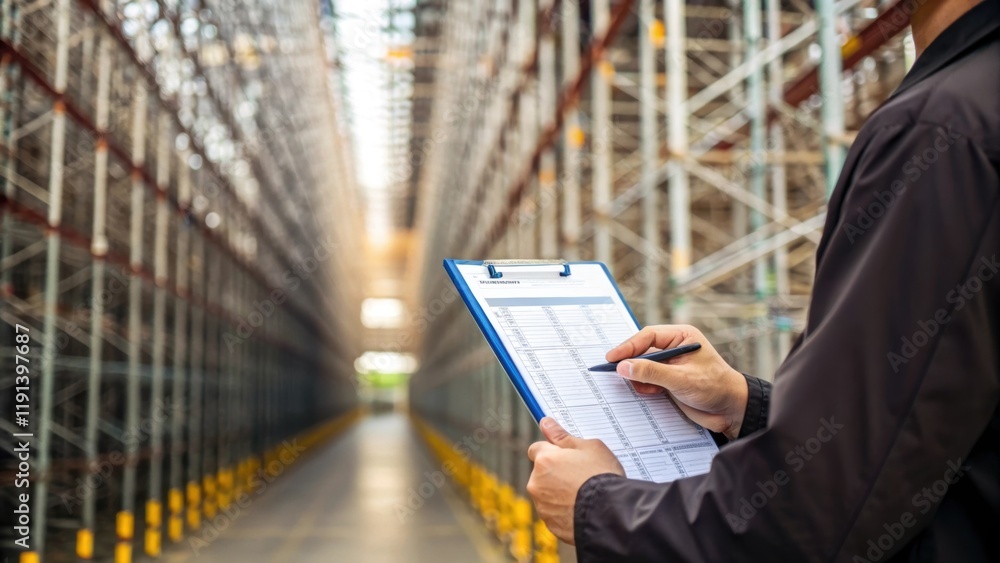 Aufkleber An inspector holds a clipboard with checklists filled with notes against the backdrop of a towering scaffold structure demonstrating the odical process of assessing stability.
