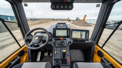 An image centered on a modern telehandlers operator cabin displaying a sophisticated interface with digital screens and controls that emphasize improved operator experience and