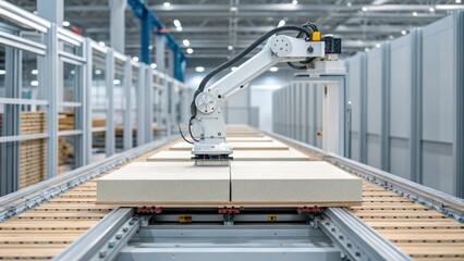 An image focusing on a robotic arm in an automated assembly line meticulously placing insulation panels onto a framework highlighting the seamless integration of technology in the
