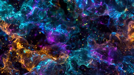 Cinematic macro image of illuminated human brain neurons in vibrant colors on dark background