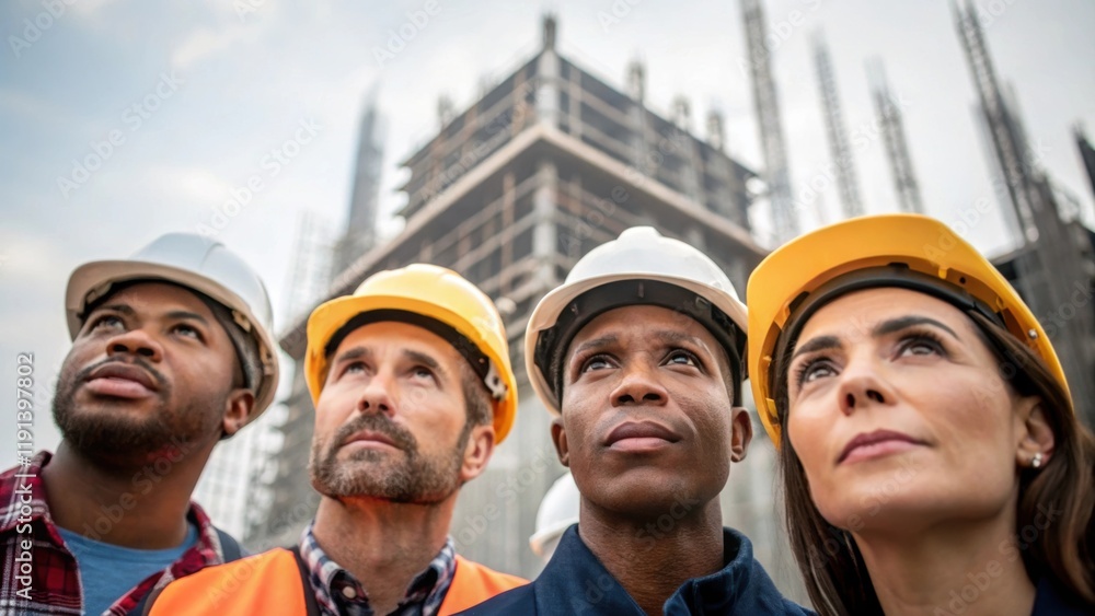 Aufkleber an intimate look at a mix of workers faces illustrating diverse expertise and collaboration framed a