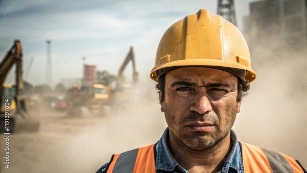Poster An intense medium closeup of a worker eyes squinting against the dust using a sweeping hand motion to signal for a crane operation the background filled with tered equipment.