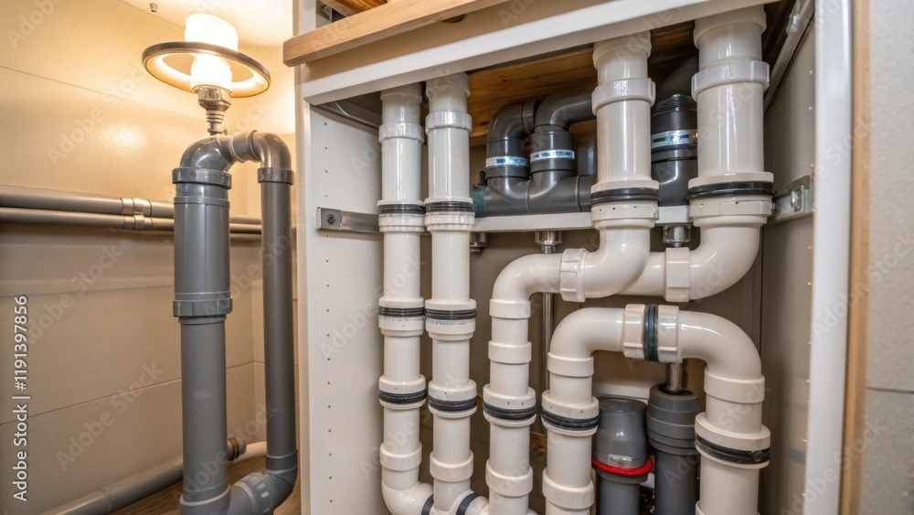 Poster an intricate arrangement of pvc fittings in a residential utility closet featuring a variety of angl