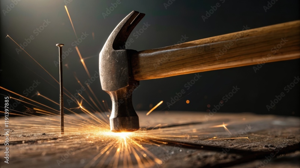 Poster An intricate closeup of a hammer striking a nail with the violent movement creating a burst of light reflections while deep shadows loom in the background evoking a sense of