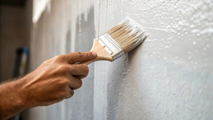 An intimate closeup of a workers hand carefully applying finishing touches to a wall focusing on the texture of the paintbrush stroke against the freshly painted surface.