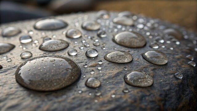 An intimate view of water droplets ing together on a sealed stone surface emphasizing the texture of the stone as the beads create a contrast against its ruggedness.