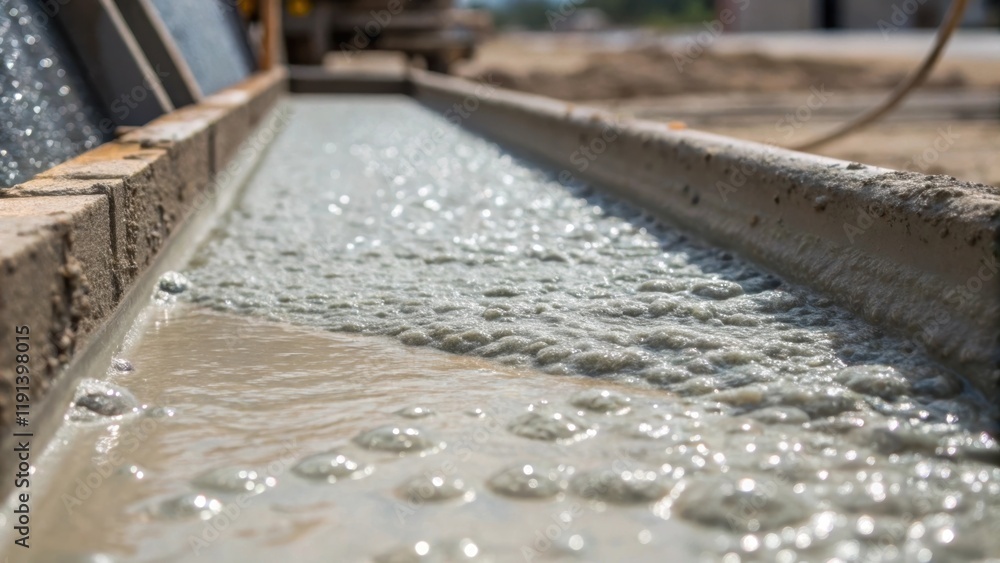 Poster An intricate closeup of the pumps delivery line where the concrete begins to exit revealing the smooth transition of material as it cascades into a waiting form with bubbles