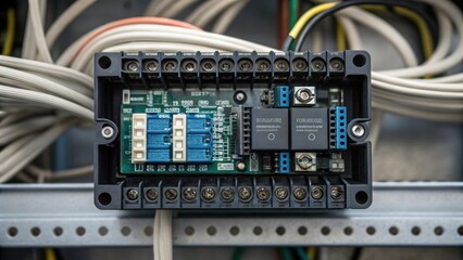 An intricate view of a relay module capturing the detailed circuitry and microcomponents hinting at its role in controlling electrical flow amidst a backdrop of tangled wires.