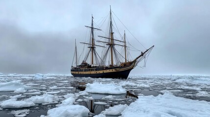 Obraz premium Majestic Sailing Vessel Navigating Arctic Ice