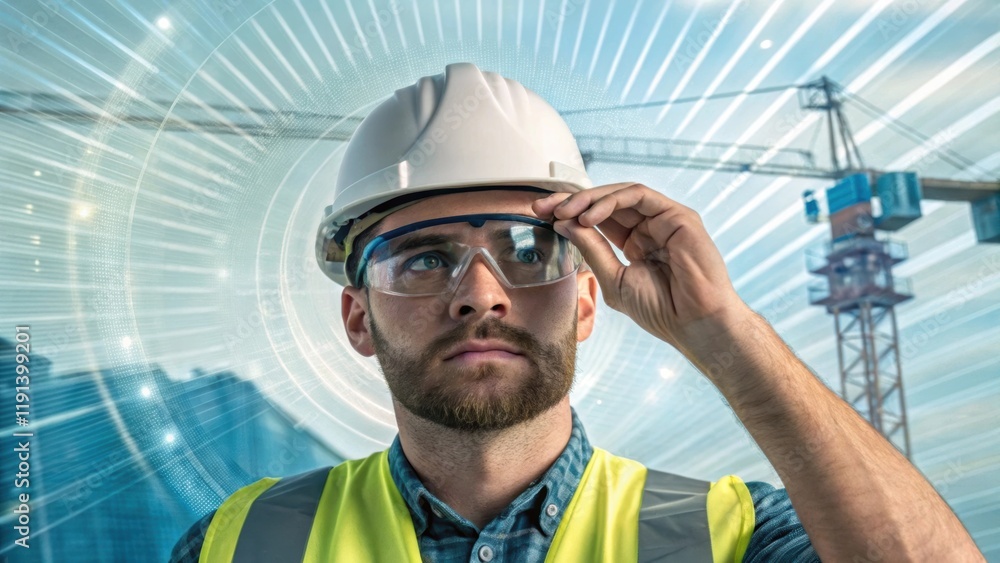Poster a worker adjusting safety glasses reflecting the distorted view of a construction crane against a ba