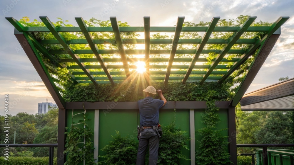 Poster A worker adjusting a trellis designed to support climbing plants demonstrating the thoughtful planning and design involved in green roof projects with sunrays filtering through the