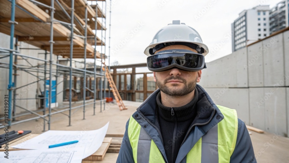 Aufkleber A worker looking through AR glasses that display a virtual walkthrough of a future finished building allowing them to visualize the end result and compare it with the current state