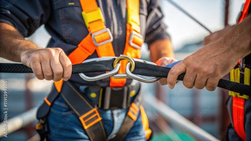 Poster a workers hands firmly gripping a safety harness while being secured by a colleague emphasizing team