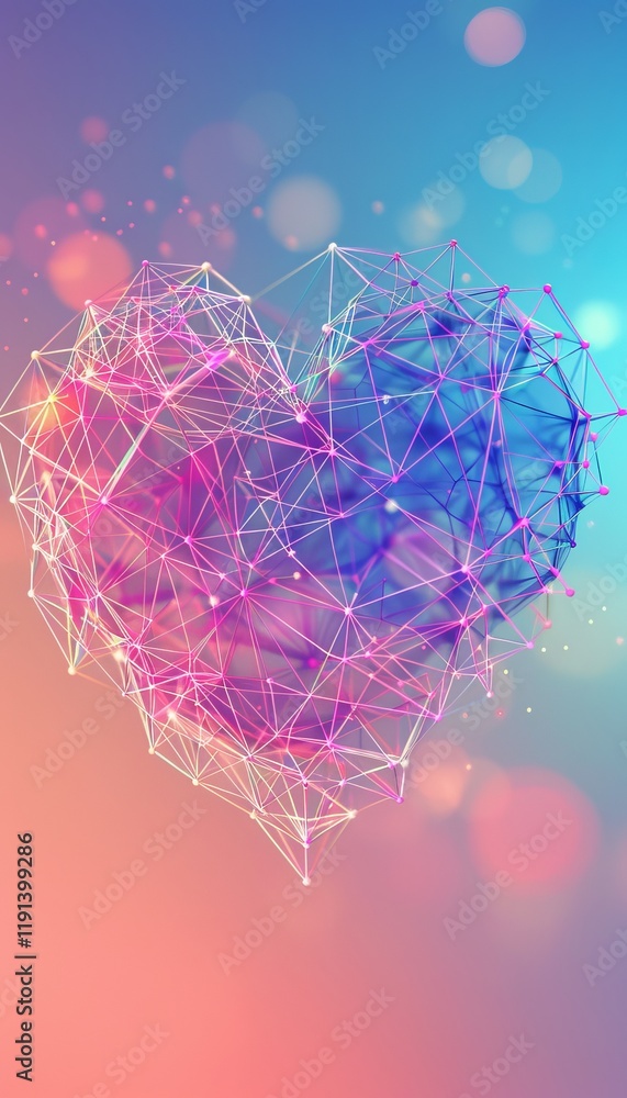 Poster Stylish polygonal heart design with interconnected lines on a vibrant blurred gradient background