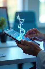Innovative technology concept in modern medicine with 3D DNA model. Vertical illustration of hands with tablet of doctor in white coat, with stethoscope on neck on blurred background of light doctor's
