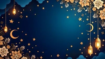Fototapeta premium Islamic background A serene Ramadan night view with a shining full moon, beautiful flowers and hanging lanterns