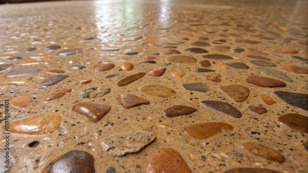 Aufkleber Closeup examining the irregular patterns and color variations in unfinished concrete revealing earthy tones and embedded stones opposed to the uniform shiny surface of polished