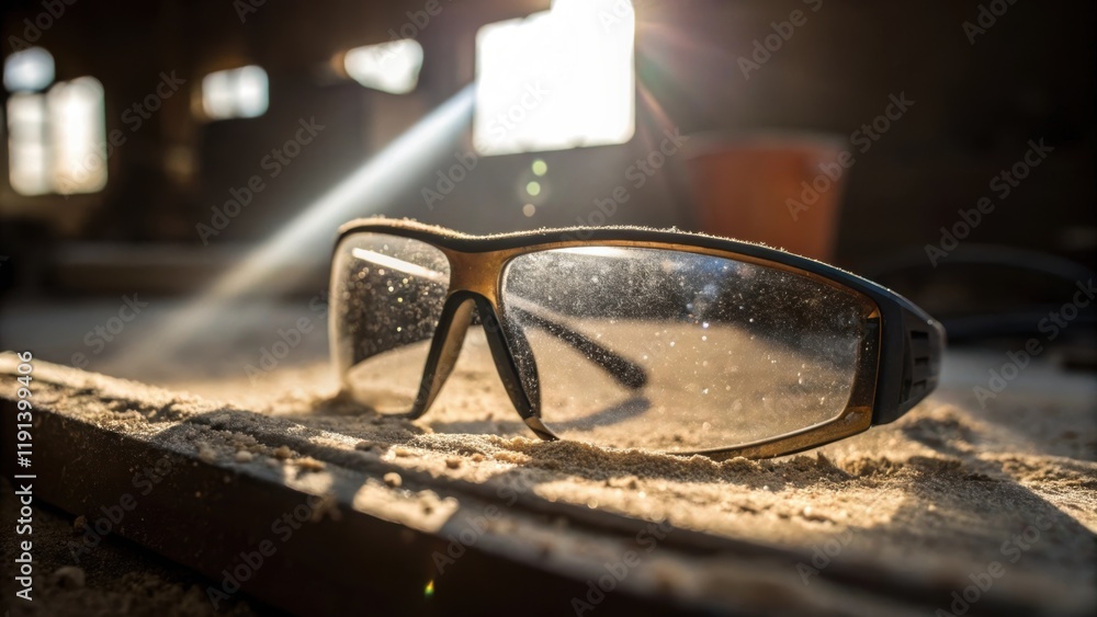 Poster closeup detail of safety glasses encased in dust with sunlight striking the lenses at an angle resul