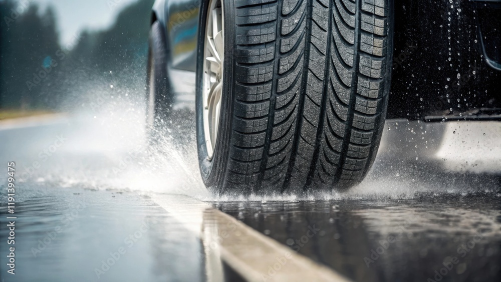 Poster closeup imagery of highperformance tires creating a spray of water as a convertible splashes through