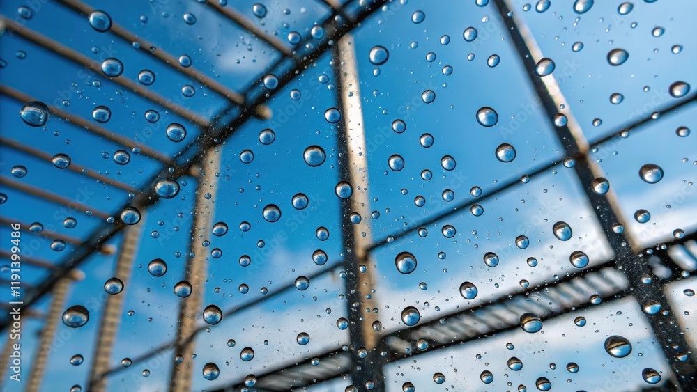 Aufkleber Closeup focusing on water droplets on the window pane reflecting a distorted view of the bright cerulean sky juxtaposed with the stark lines of steel rebar jutting from the