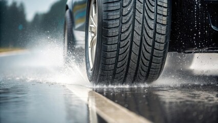 Closeup imagery of highperformance tires creating a spray of water as a convertible splashes through a puddle on the side of the road depicting freedom and exhilaration while