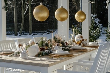 Winter wonderland dining Festive table setting on snowy veranda