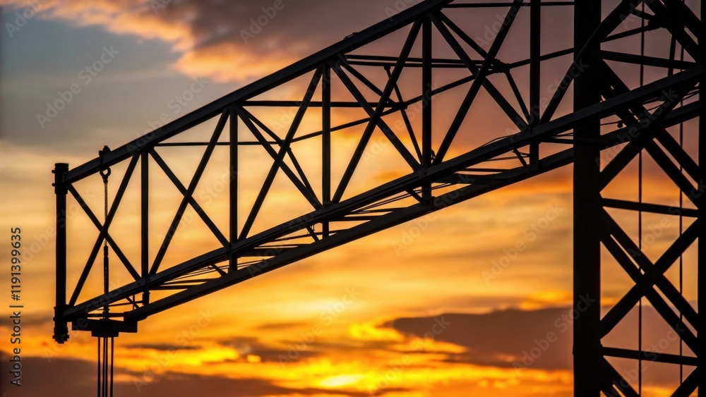 Poster closeup of a construction crane silhouetted against a sunset highlighting the geometric lines and sh