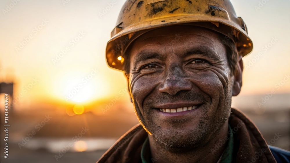 Poster closeup of a construction workers face beaming with happiness as the sun sets behind him casting a w