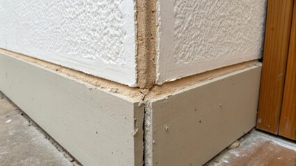 Closeup of a corner where two drywall panels meet awkwardly exposing an unfinished joint symbolizing the imperfections and challenges faced before the final vision can emerge.