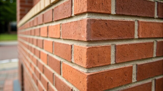Fototapeta Closeup of a corner of the brick wall where the clean edges meet to form a sharp right angle emphasizing the structural integrity and attention to detail.