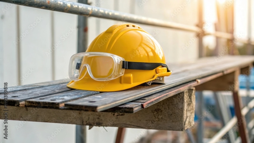 Poster closeup of a hard hat and safety goggles resting on a scaffold plank symbolizing the essential safet