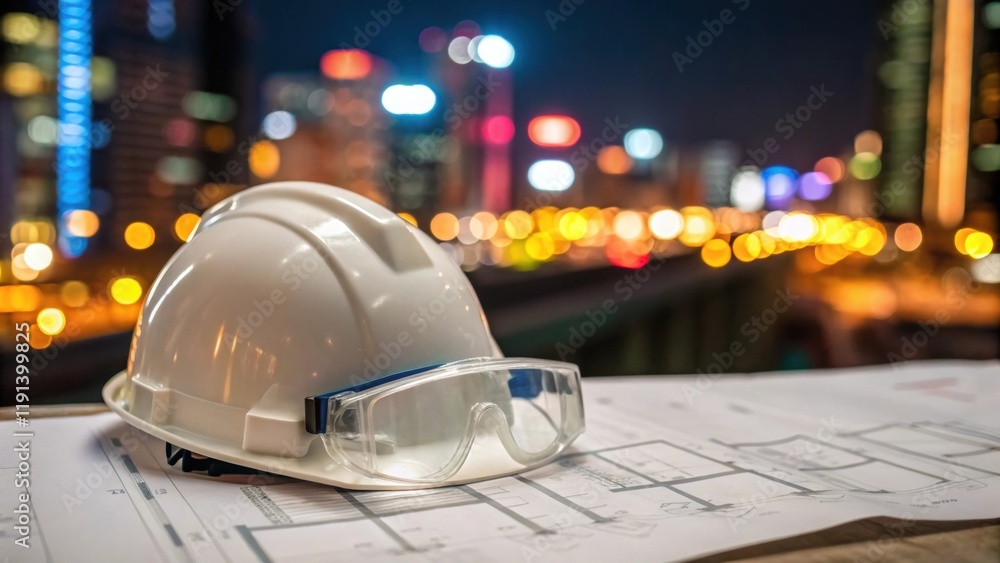 Poster closeup of a hard hat and safety goggles laid on a blueprint with a view of colorful city lights vis
