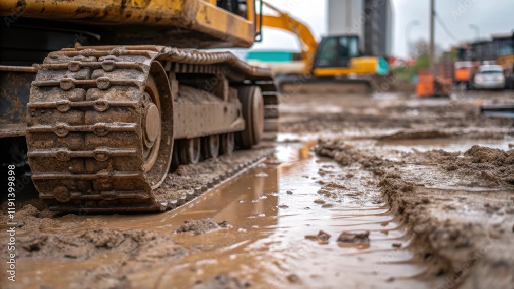 Poster closeup of a muddy construction site where machinery wheels are stuck in the sludge highlighting the