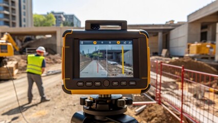 Closeup of a laser scanners interface display showing realtime data processing as the worker adjusts settings framed by the construction sites rugged environment.