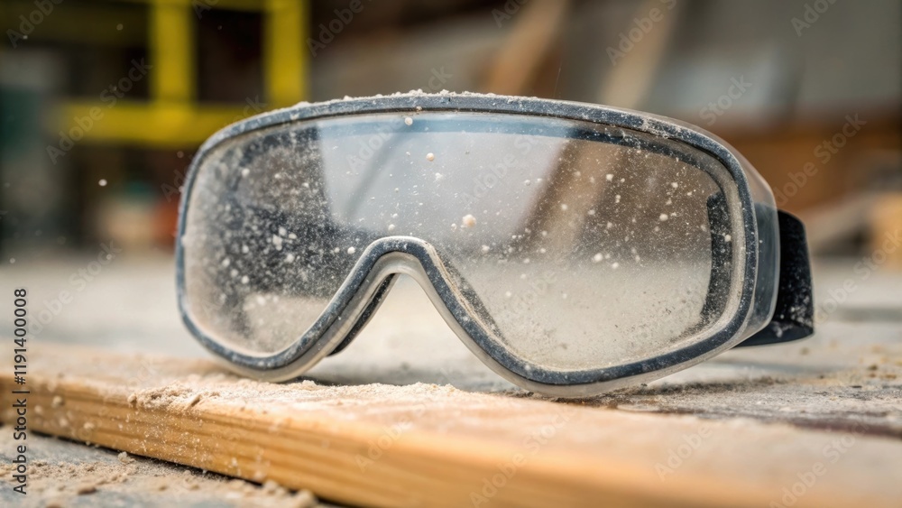 Poster closeup of a safety goggles lens foggy and covered in fine dust creating a blurry effect that obstru