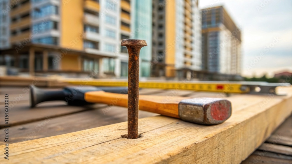 Poster closeup of a rusty nail and a hammer lying on a wooden plank amid construction tools while the opule