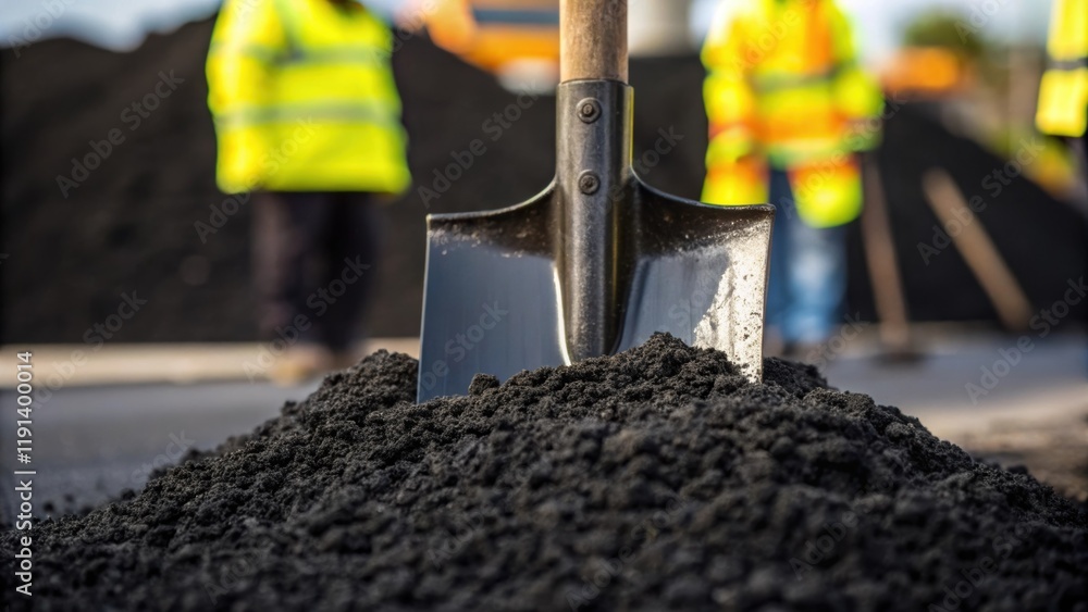 Poster closeup of a shovel scooping up excess asphalt from a pile the dark material contrasting against the
