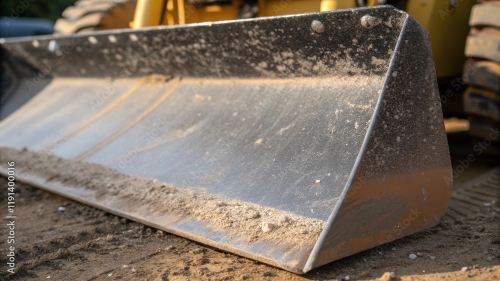 Poster closeup of a shovel blade attached to a backhoe with fine particles of dust and debris clinging to i