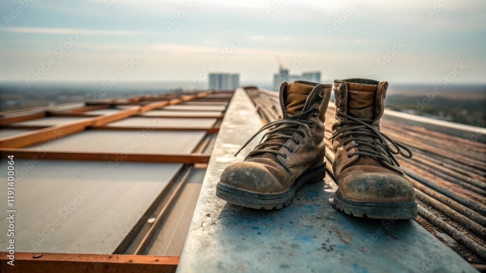 Poster closeup of a steel workers boots dustcovered and worn resting on the rooftop edge as lunchtime offer