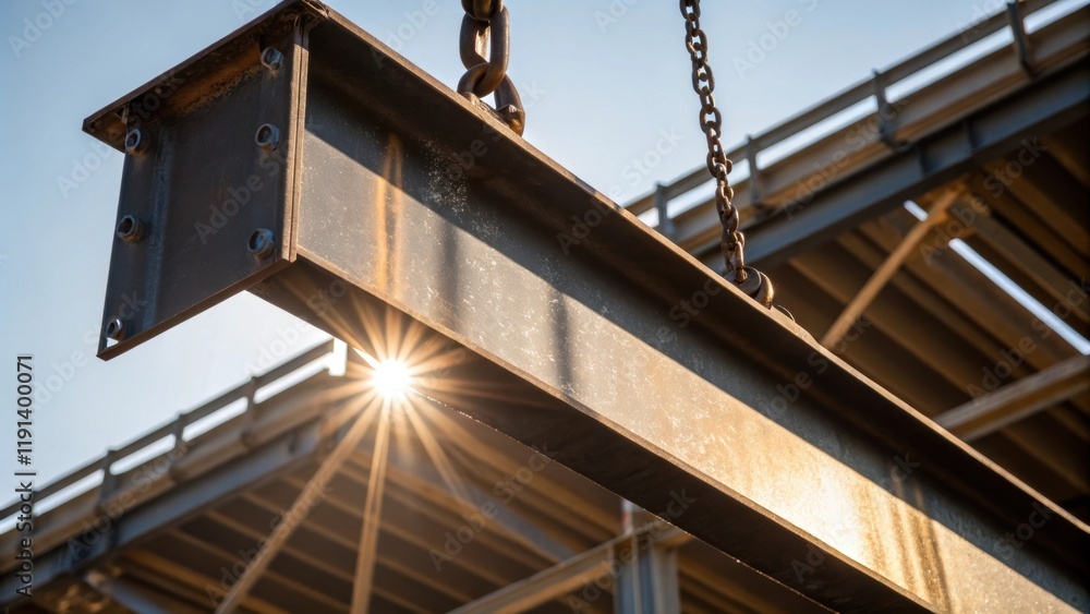 Poster closeup of a steel beam being lifted into place sunlight glinting off its surface representing stren