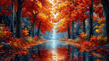 Autumnal Pathway Reflecting In Still Water