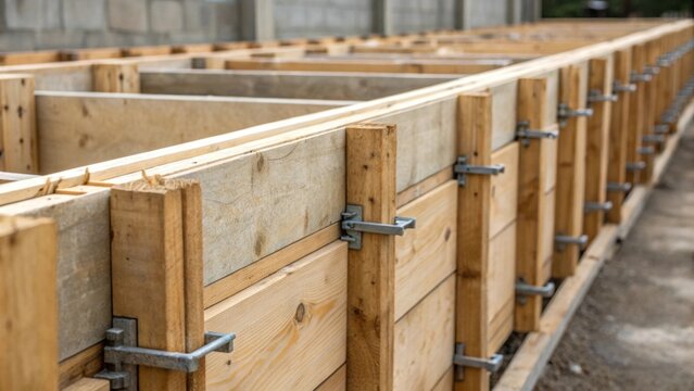Closeup of a series of wooden formwork panels clamped together revealing the meticulous craftsmanship in preparing the buildings concrete foundation. The texture of the wood