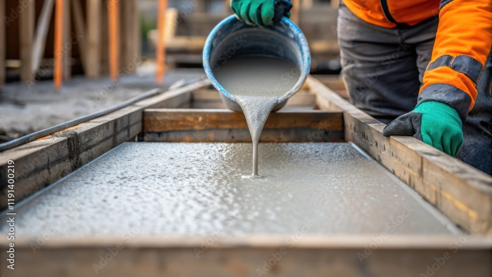 Poster closeup of a worker pouring a fresh concrete mix into a mold their gloved hands carefully ensuring n