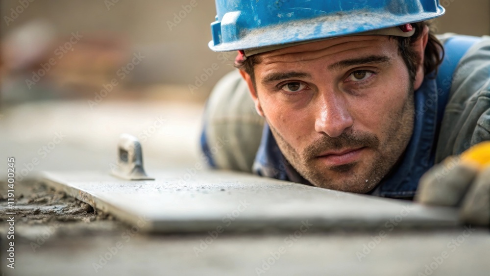 Leinwandbilder Closeup of a workers face slightly focused and sweating as they concentrate on smoothing the final layer of concrete with a trowel embodying the dedication and skill required in