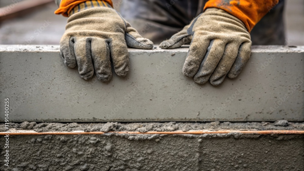Poster Closeup of a workers dirty gloves pressing against the edge of the concrete form the contrast between the smooth gray concrete and the textured gloves emphasizes the labor