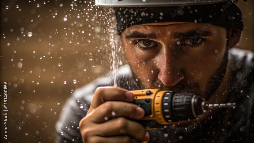 Poster closeup of a workers focused expression beads of rain trickling down their forehead while they apply