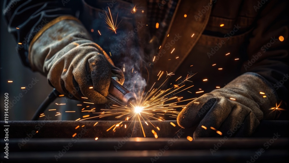 Aufkleber closeup of a workers hands gritty and worn skillfully maneuvering a welding torch with sparks flying